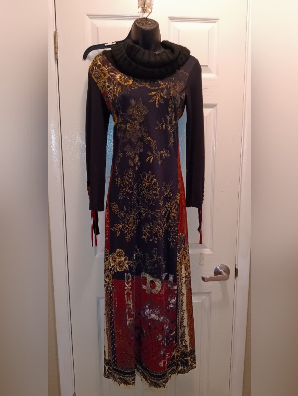Save The Queen Floral Patchwork Sweater Neck Maxi Dress - Black, Red & Gold